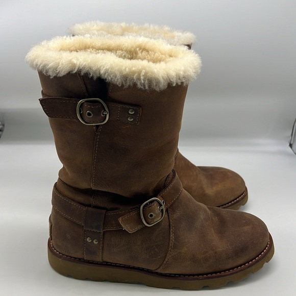 UGG - Australia Noira Chestnut Leather Buckle Pull On Sheepskin Boots Size 7 - Picture 2 of 15